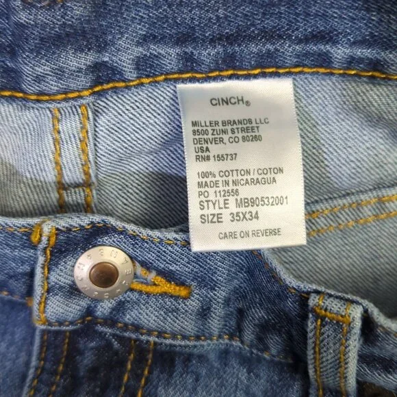 Cinch Jeans Men's 35x34 Blue Western Denim Bronze Label Slim Tapered Rodeo - Picture 9 of 10